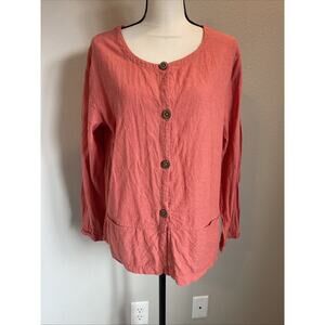 Vintage White Stag Coral Linen Rayon Blend Button-up Top Long Sleeve Sz Large